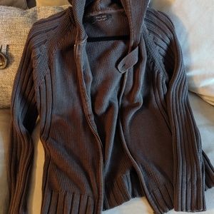 ZARA Men's Knit Hooded Dark Brown Zip Cardigan, L